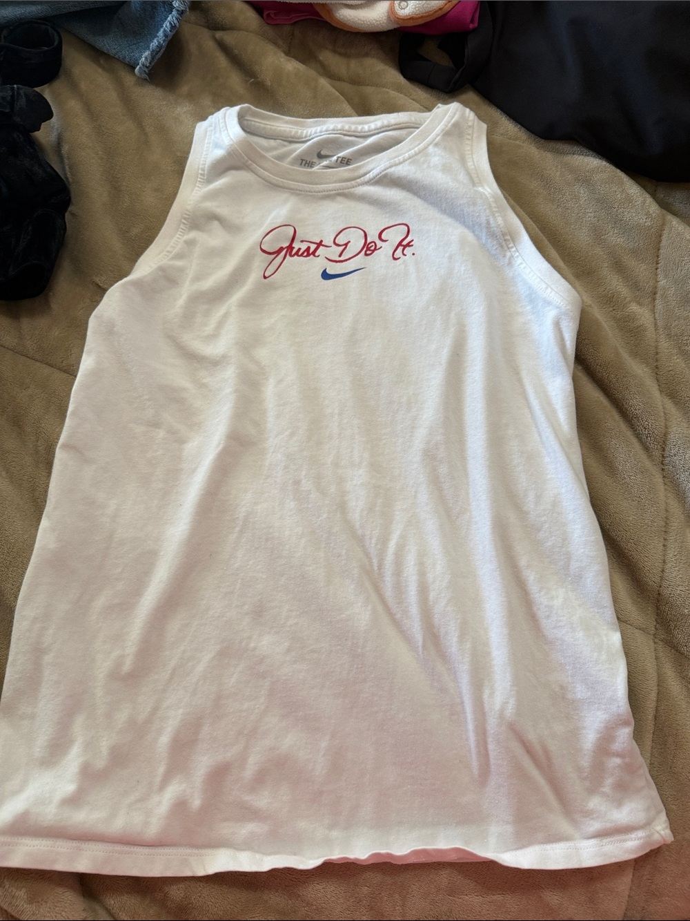 Nike White Tank with Red Script and Blue Swoosh
